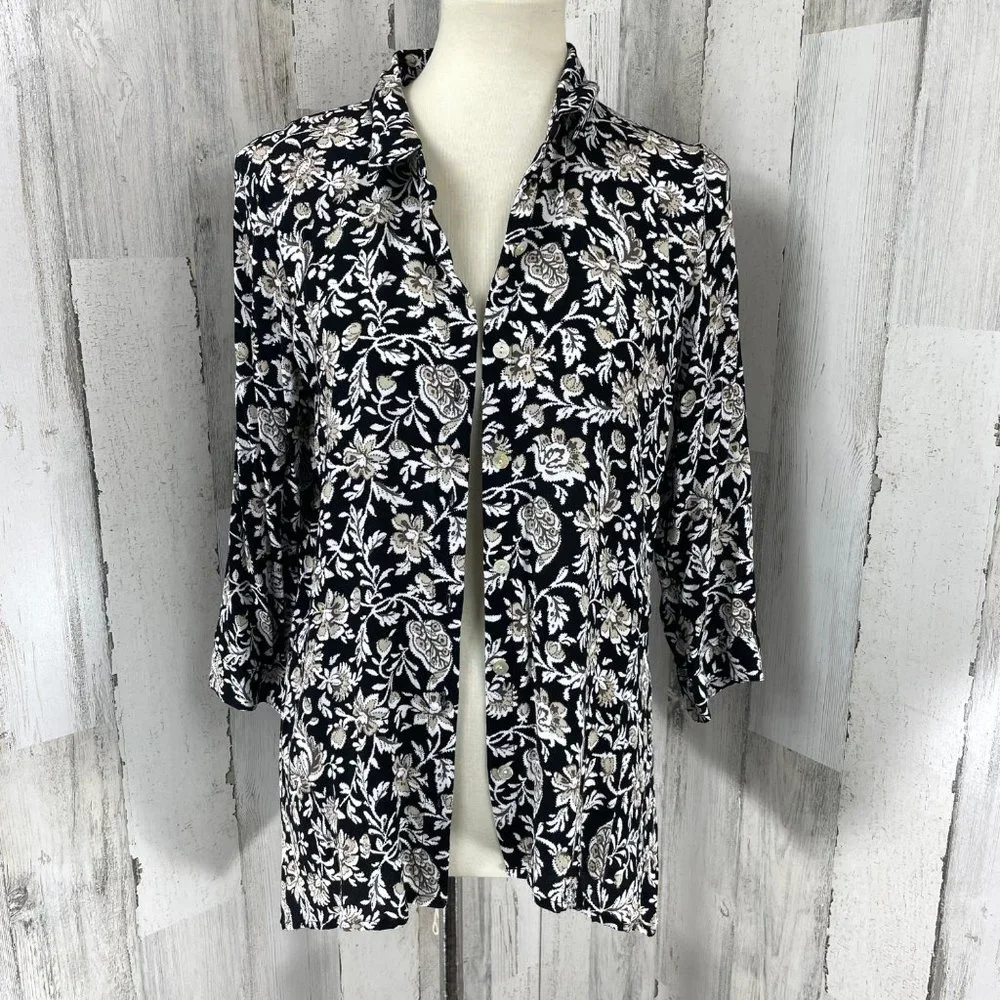 J. Jill Women's Black Floral Rayon 3/4 Sleeve Button Up Shirt Top Blouse Sz M